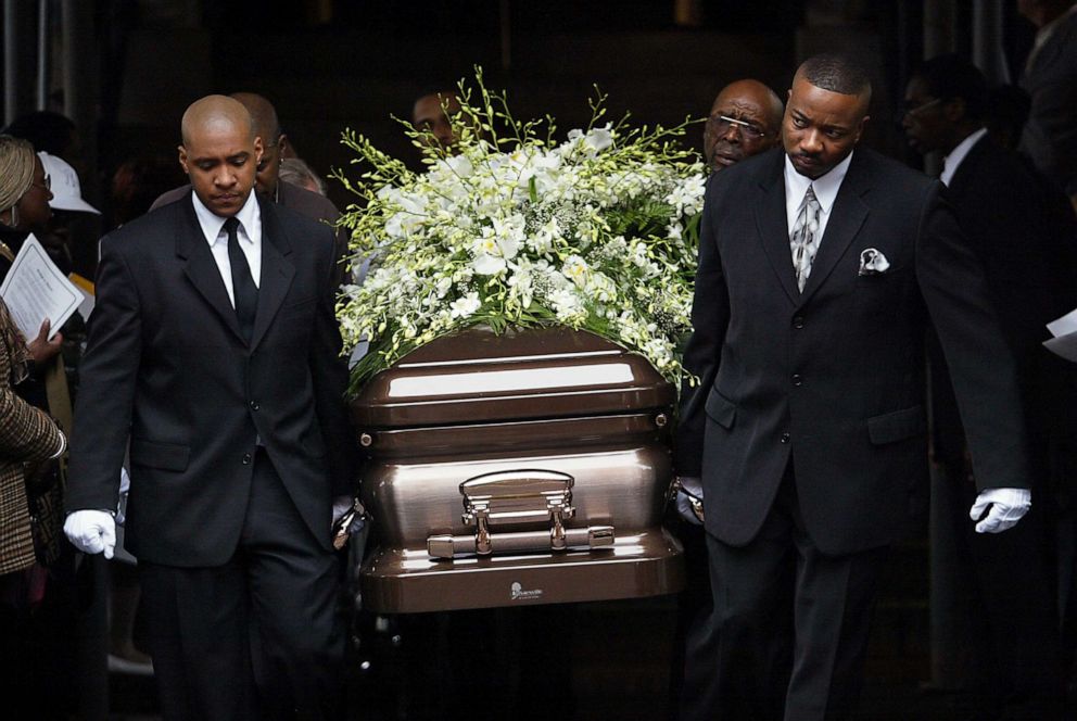 PHOTO: Pallbearers carry the coffin of Alberta Spruill out of Convent Avenue Baptist Church in upper Manhattan after funeral services for the 57-year-old city employee.