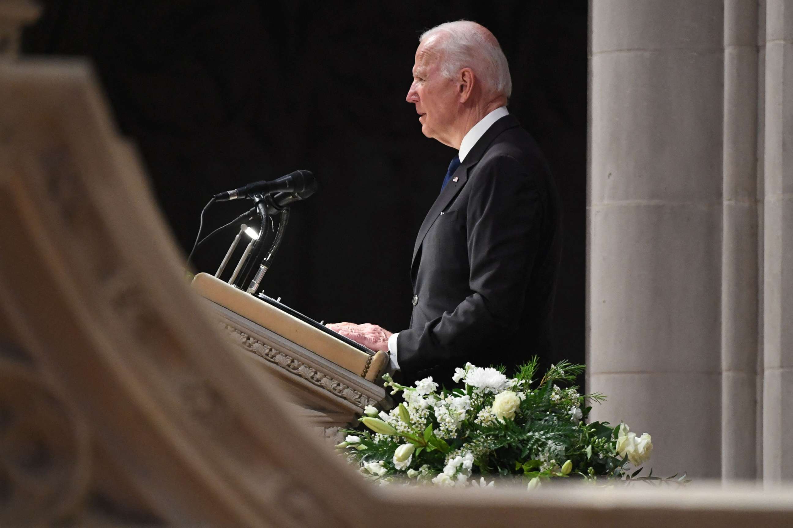 PHOTO: President Joe Biden speaks at the funeral service of former Secretary of State Madeleine Albright at the Washington National Cathedral in Washington, D.C., on April 27, 2022.