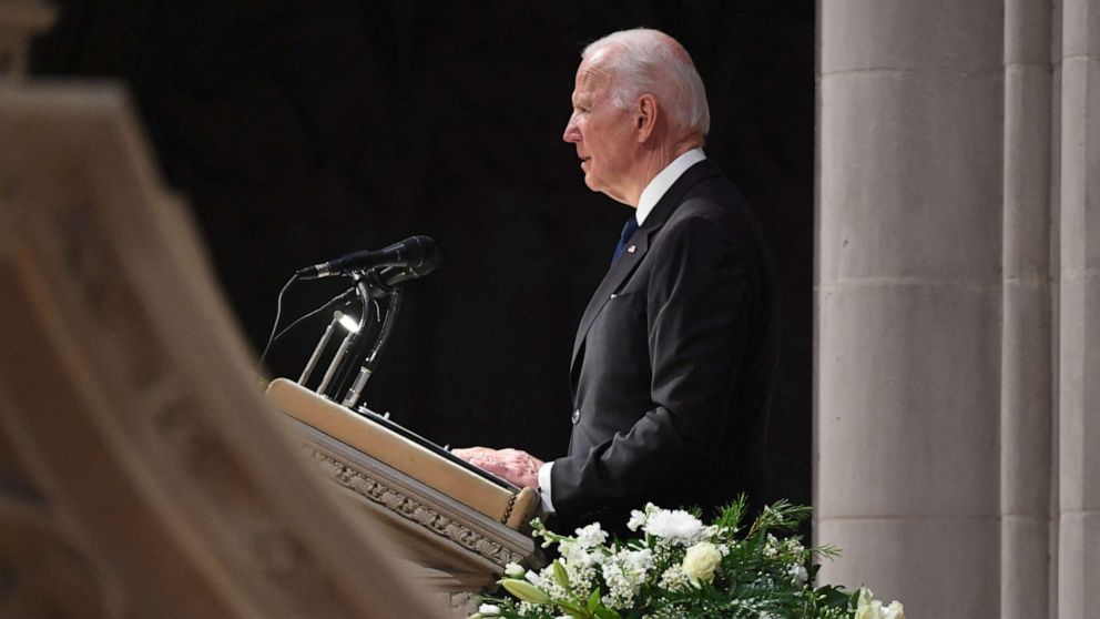 PHOTO: President Joe Biden speaks at the funeral service of former Secretary of State Madeleine Albright at the Washington National Cathedral in Washington, D.C., on April 27, 2022.