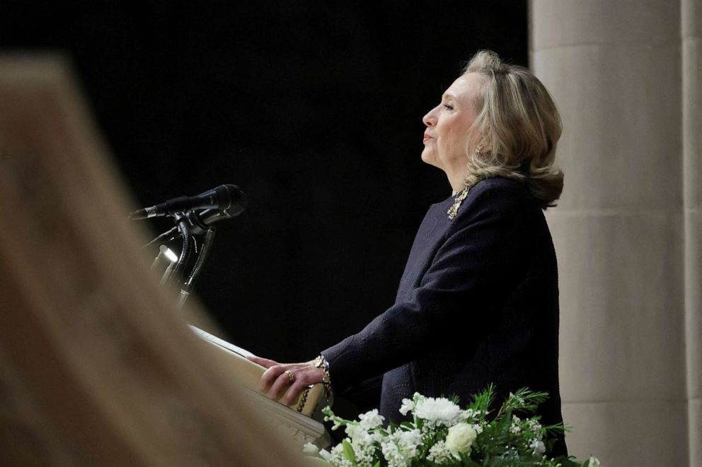 PHOTO: Former Secretary of State Hillary Clinton speaks at the funeral of former Secretary of State Madeleine Albright at Washington National Cathedral in Washington, D.C., April 27, 2022.