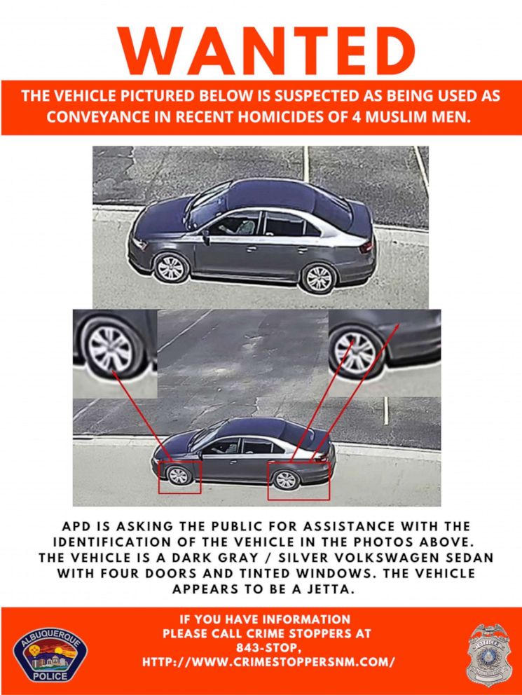 PHOTO: This wanted poster released on Aug 7, 2022, by the Albuquerque Police Department shows a vehicle suspected of being used as a conveyance in the recent homicides of four Muslim men in Albuquerque, N.M.