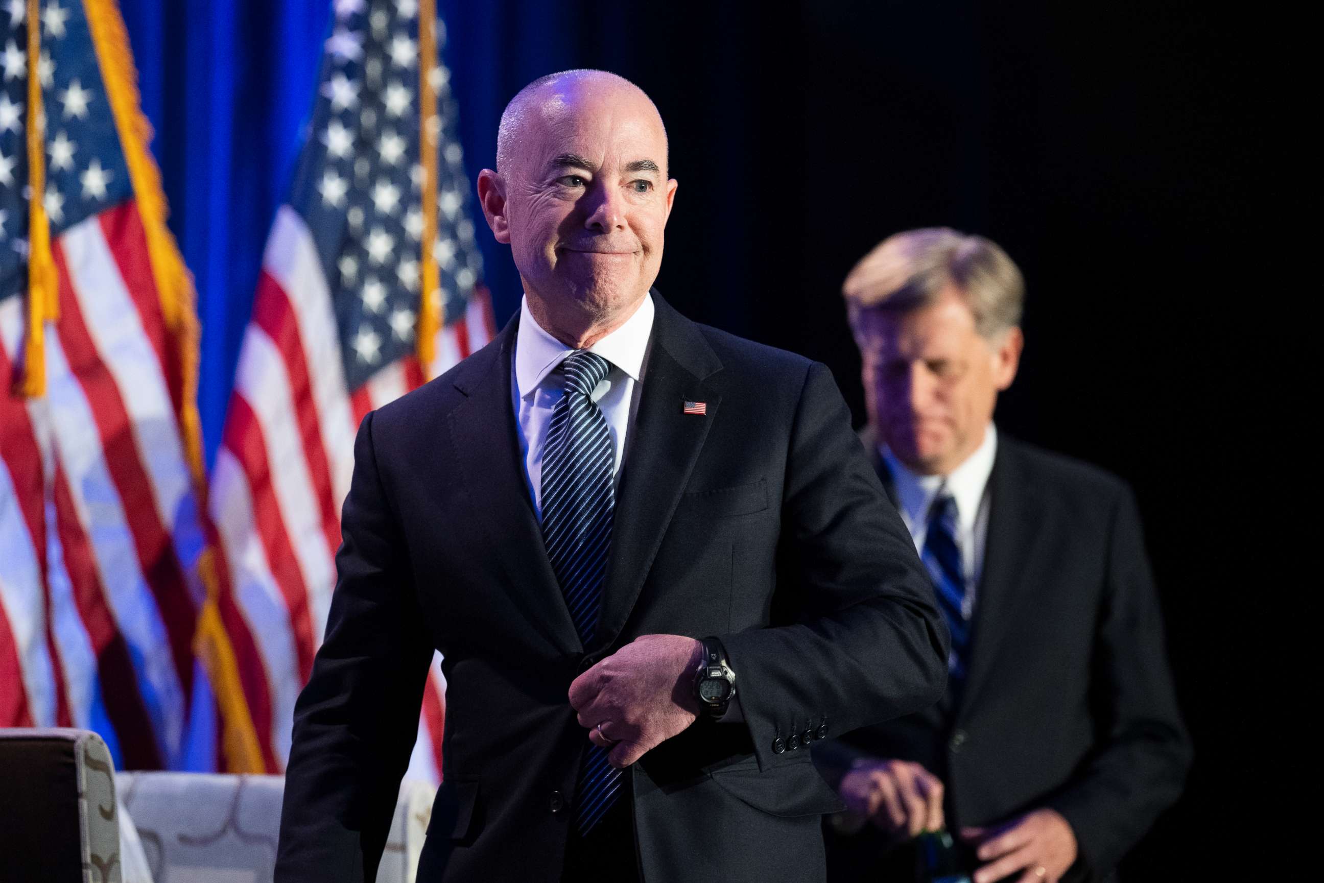 PHOTO: Alejandro Mayorkas, left, secretary of the Department of Homeland Security, arrives for a discussion which included the Russian invasion of Ukraine, during the House Democratic Caucus Issues Conference in Philadelphia, March 10, 2022.