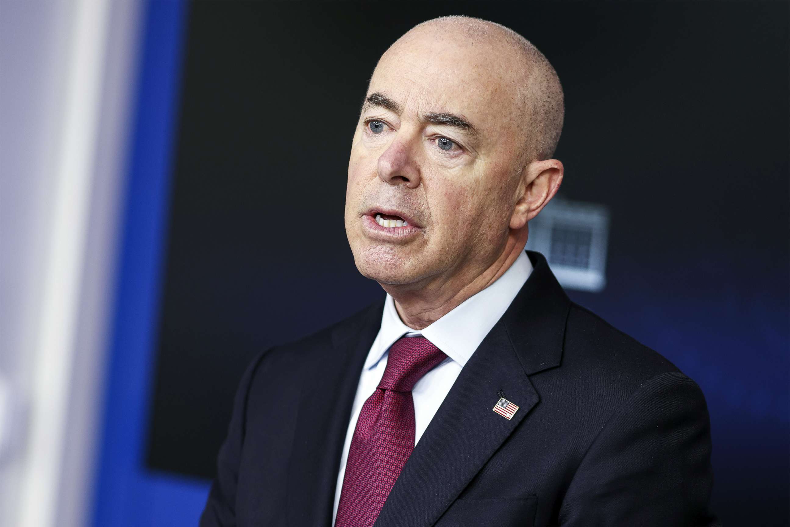 PHOTO: Alejandro Mayorkas, secretary of the Department of Homeland Security, speaks during a news conference in White House in Washington, March 1, 2021.