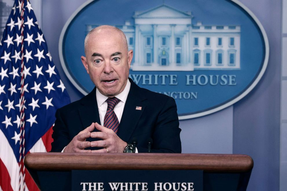 PHOTO: Homeland Security Secretary Alejandro Mayorkas gestures as he speaks at a press briefing at the White House, Sept. 24, 2021, in Washington, DC.
