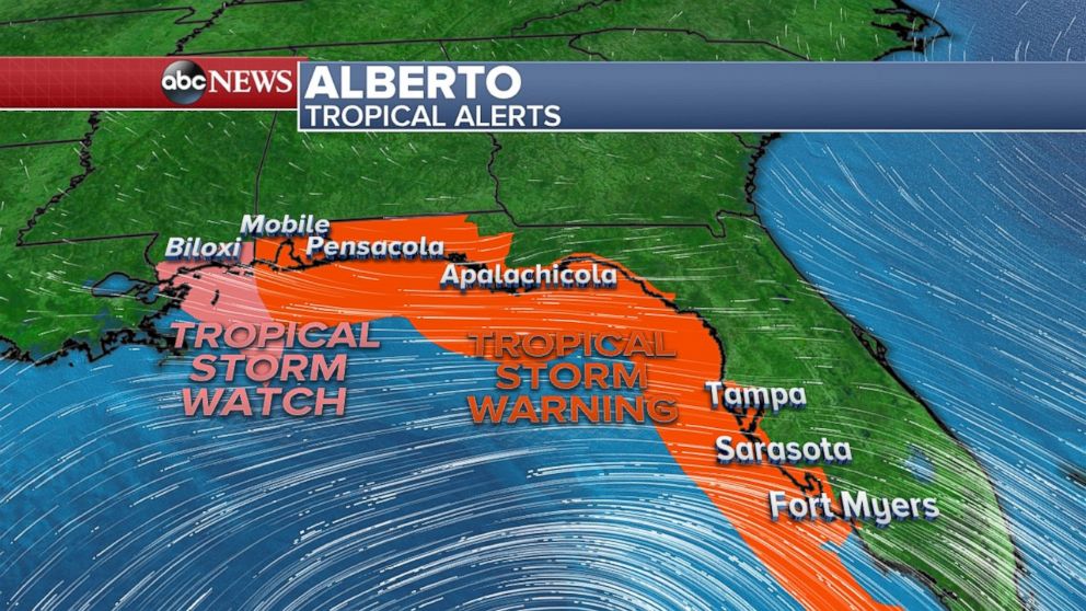 Tropical storm watch and warnings are in place for Alberto along the Gulf Coast.