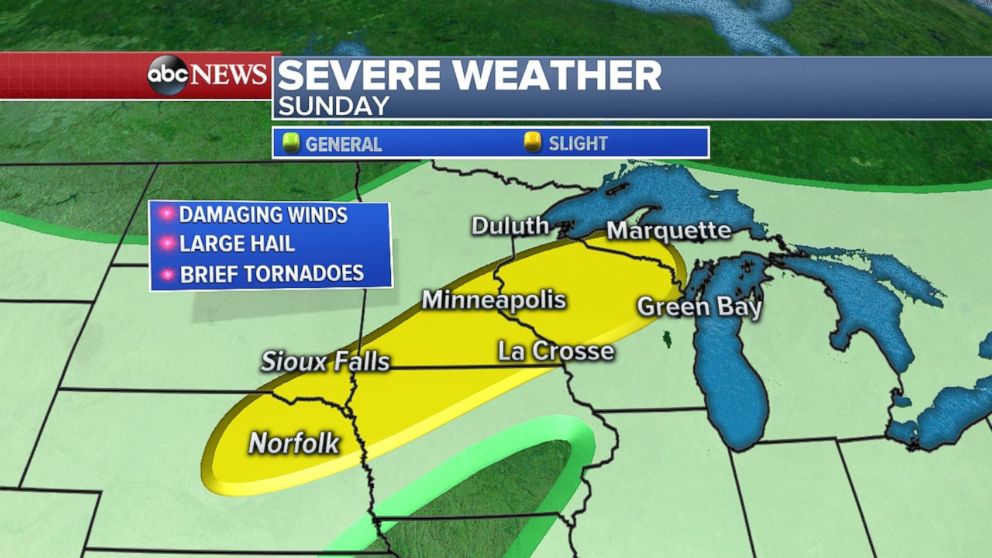 A slight risk for severe weather exists across northeast Nebraska, northern Iowa and northern Wisconsin on Sunday.