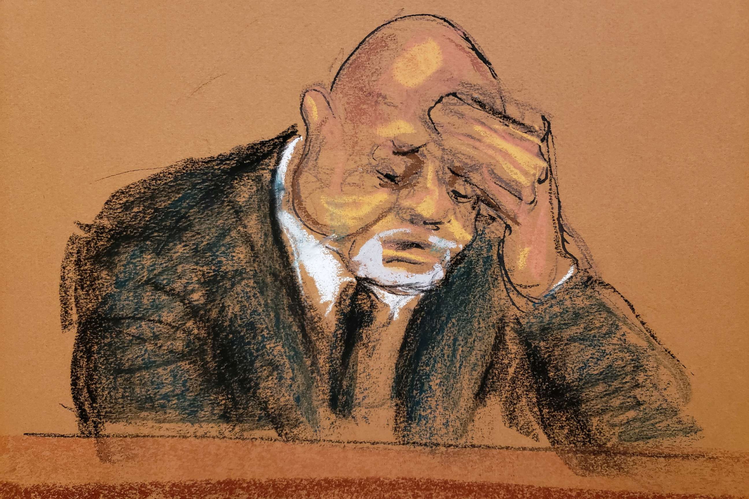 PHOTO: Juan Alessi, Jeffrey Epstein's house manager, reacts while speaking about stealing money from Epstein during the trial of Ghislaine Maxwell in a courtroom sketch in New York City, Dec. 2, 2021.