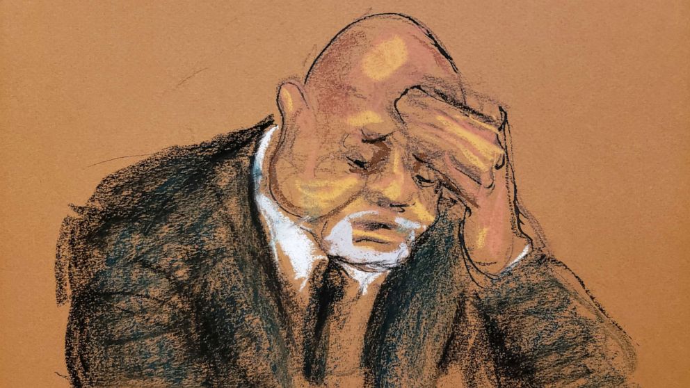 PHOTO: Juan Alessi, Jeffrey Epstein's house manager, reacts while speaking about stealing money from Epstein during the trial of Ghislaine Maxwell in a courtroom sketch in New York City, Dec. 2, 2021.