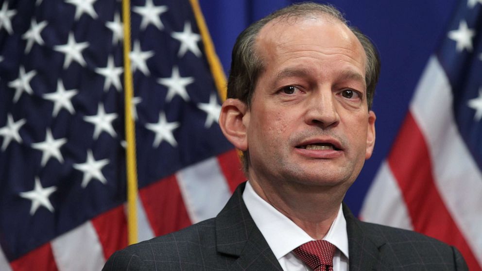 PHOTO: Alex Acosta speaks during a press conference July 10, 2019 at the Labor Department in Washington, DC. Secretary Acosta discussed his role in the sexual abuse case of accused sex trafficker Jeffrey Epstein.