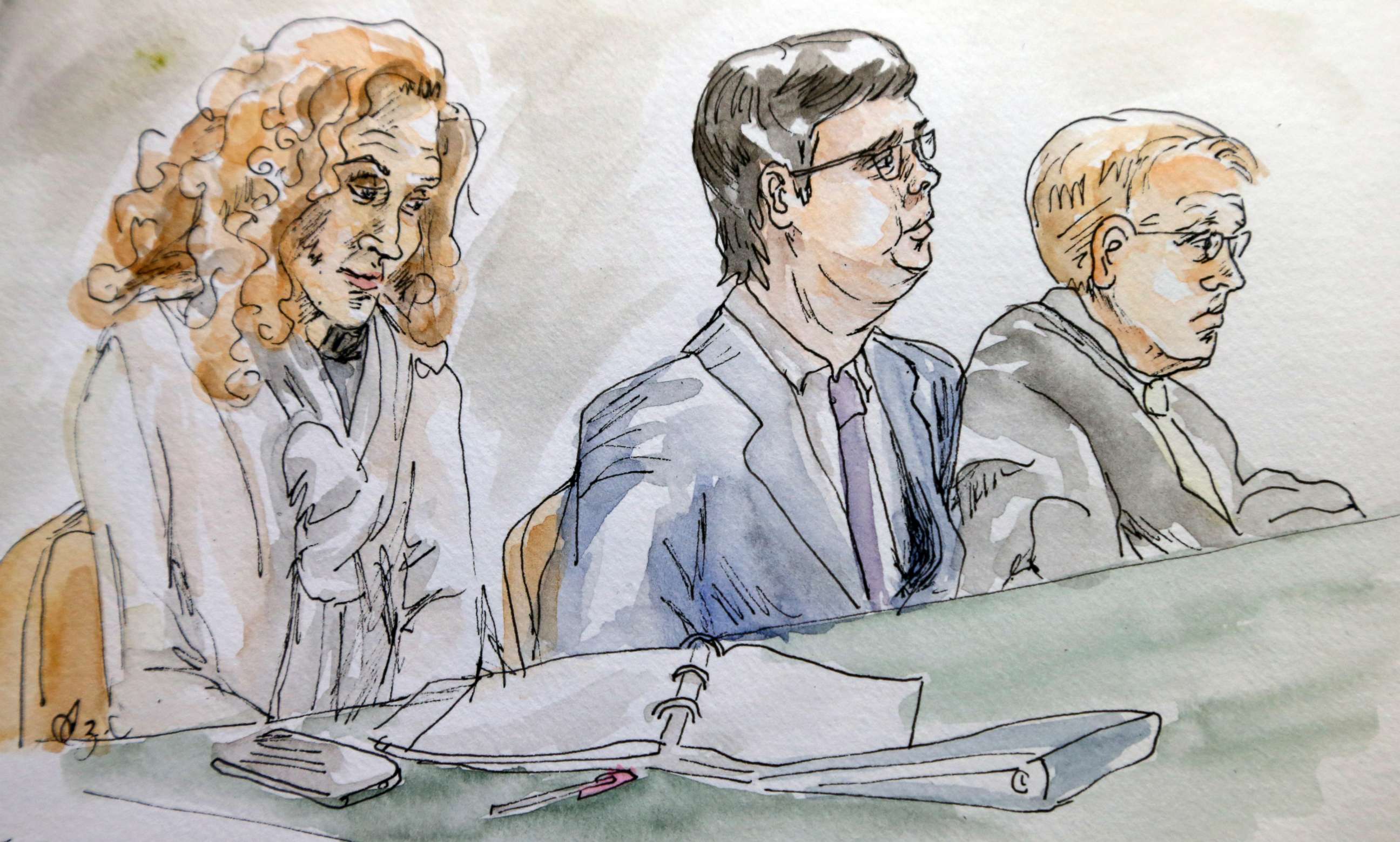 PHOTO: In this courtroom sketch James Alex Fields Jr., center, sits with his attorneys during the second day of jury selection in his trial in Charlottesville General District Court in Charlottesville, Va., Nov. 27, 2018.