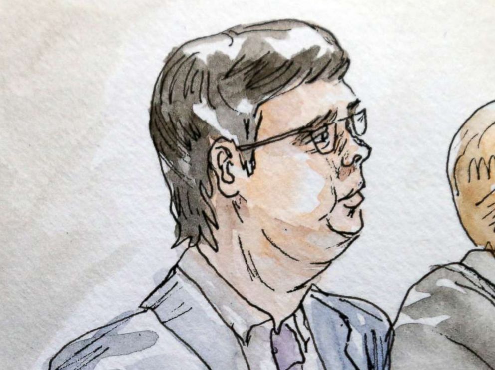PHOTO: In this courtroom sketch James Alex Fields Jr., center, sits with his attorneys during the second day of jury selection in his trial in Charlottesville General District Court in Charlottesville, Va., Nov. 27, 2018.
