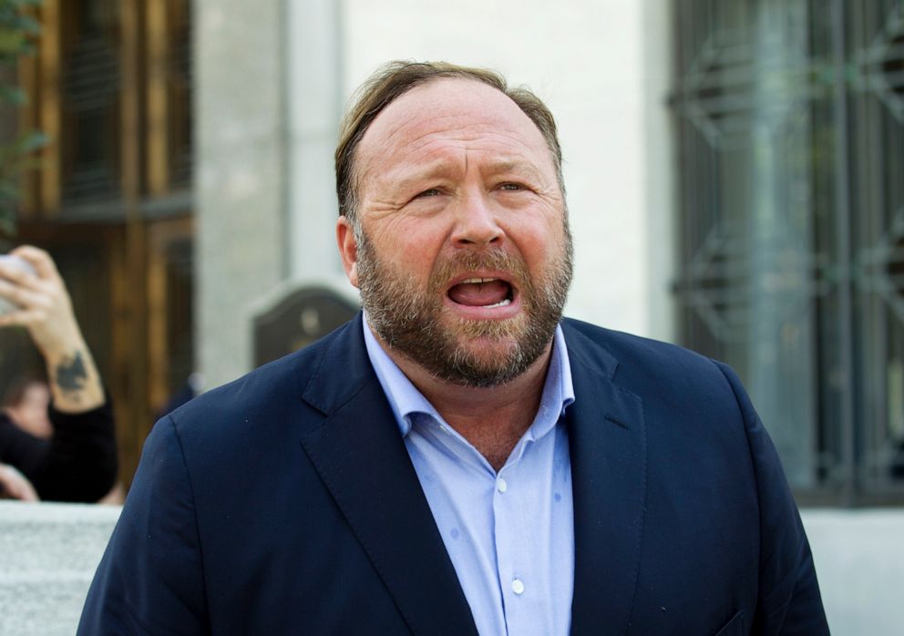 PHOTO: In this Sept. 5, 2018, file photo, Alex Jones speaks to reporters in Washington, D.C.