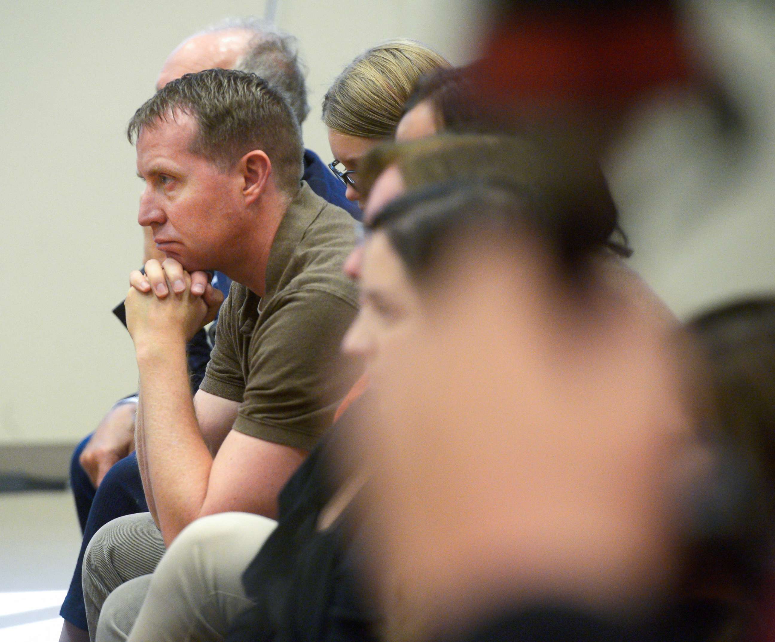 PHOTO: Robbie Parker, parent of Emilie, one of the victims in the Sandy Hook Elementary School shooting, listens during closing statements in the Alex Jones Sandy Hook defamation damages trial in Superior Court in Waterbury, Conn., Oct. 6, 2022.
