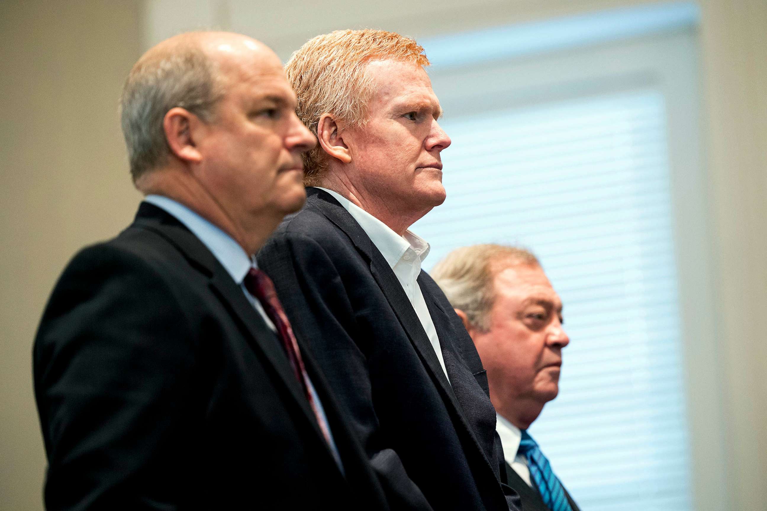 PHOTO: FILE -Alex Murdaugh stands with his attorneys as Judge Clifton Newman explains his fifth amendment rights and what he would give up by taking the stand in his own trial for murder at the Colleton County Courthouse, Feb. 23, 2023 in Walterboro, S.C