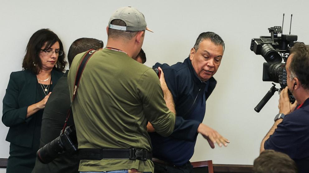 PHOTO: Sen. Alex Padilla, Democrat from California,who interrupted a press conference held by U.S. Secretary of Homeland Security Kristi Noem, is removed from the venue, in Los Angeles, June 12, 2025.