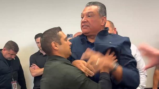 Sen. Alex Padilla, Democrat from California, who interrupted a press conference held by U.S. Secretary of Homeland Security Kristi Noem, is removed from the venue, in Los Angeles, June 12, 2025.