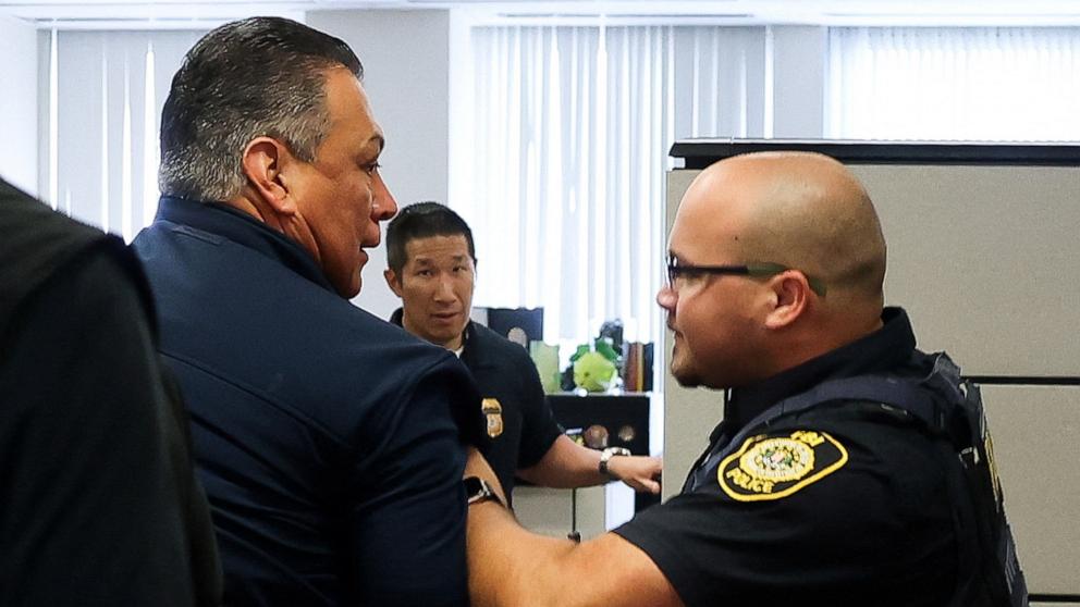 PHOTO: U.S. Senator Alex Padilla is detained and removed from the venue after interrupting the press conference held by U.S. Secretary of Homeland Security Kristi Noem in Los Angeles, June 12, 2025. 