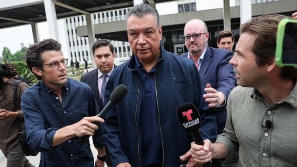 Sen. Alex Padilla, Democrat from California, speaks to reporters after he was forcibly removed after interrupting a news conference being held by Secretary of Homeland Security Kristi Noem, in Los Angeles, June 12, 2025.