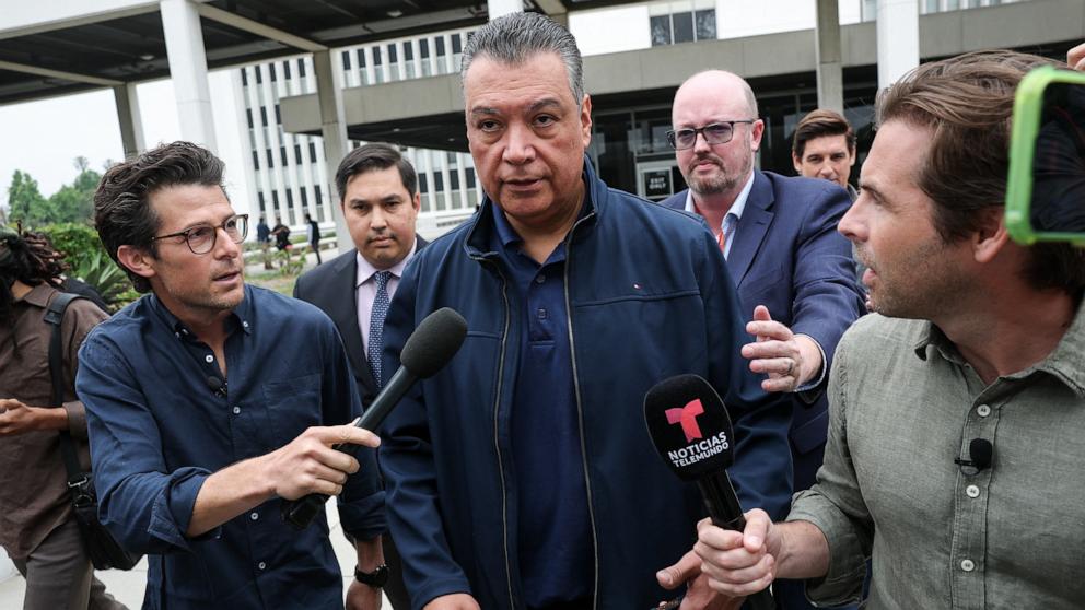 PHOTO: Sen. Alex Padilla, Democrat from California, speaks to reporters after he was forcibly removed after interrupting a news conference being held by Secretary of Homeland Security Kristi Noem, in Los Angeles, June 12, 2025.