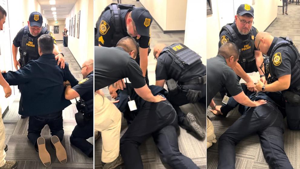 PHOTO: California Senator Alex Padilla is pushed to the ground and handcuffed during a press conference held by Secretary of Homeland Security Kristi Noem in Los Angeles, June 12, 2025.