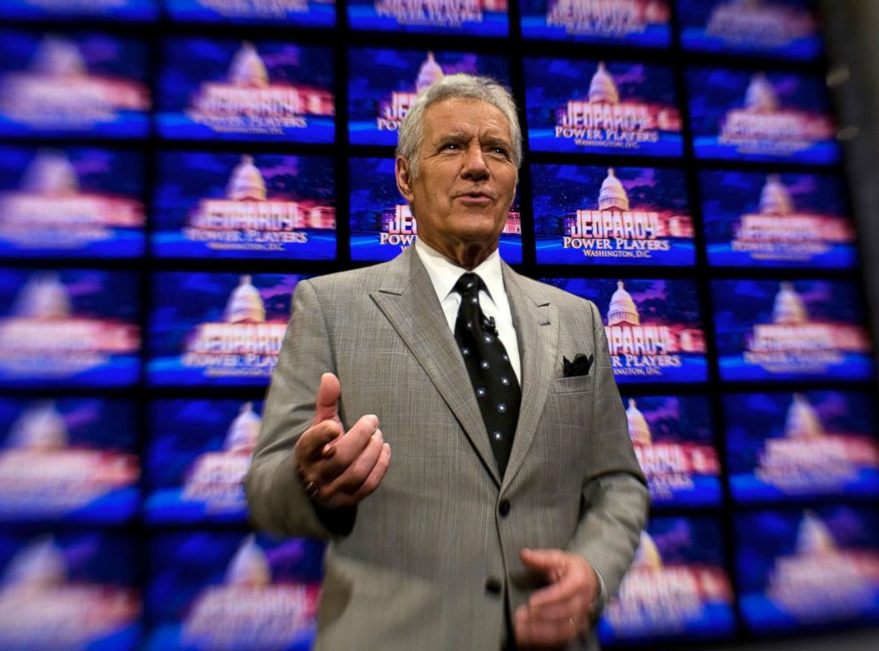 PHOTO: Alex Trebek poses on the set of his game show, "Jeopardy," April 21, 2012, during a special taping in Washington, D.C.