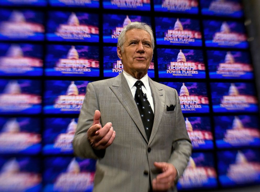  Alex Trebek poses on the set of his game show, "Jeopardy," April 21, 2012, during a special taping in Washington, D.C.
     