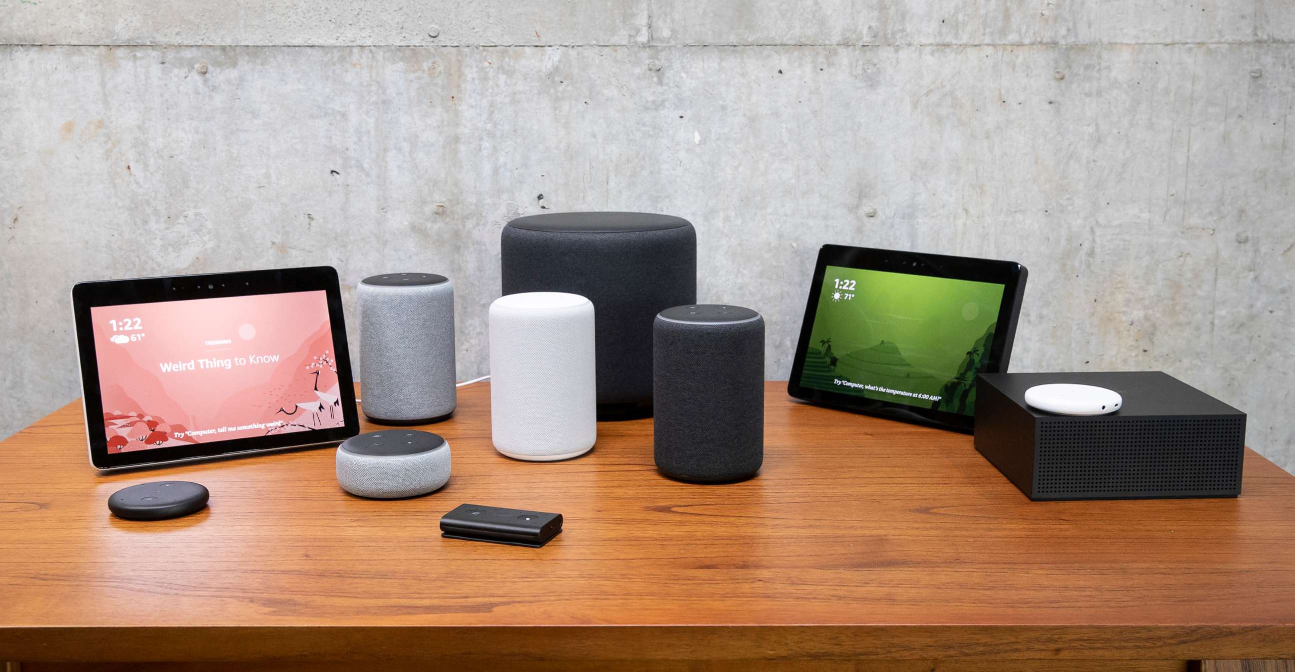 PHOTO: In this Sept. 20, 2018, file photo, an assortment of devices, including an "Echo Input," "Echo Show, "Echo Plus," "Echo Sub," "Echo Auto" and "Firetv Recast" are pictured at Amazon Headquarters, following a launch event in Seattle.