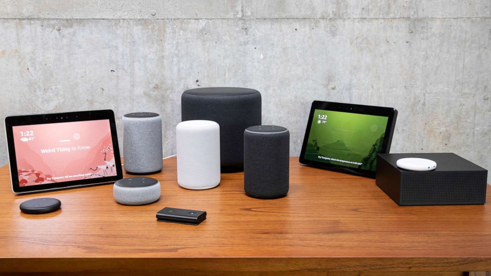 PHOTO: In this Sept. 20, 2018, file photo, an assortment of devices, including an "Echo Input," "Echo Show, "Echo Plus," "Echo Sub," "Echo Auto" and "Firetv Recast" are pictured at Amazon Headquarters, following a launch event in Seattle.