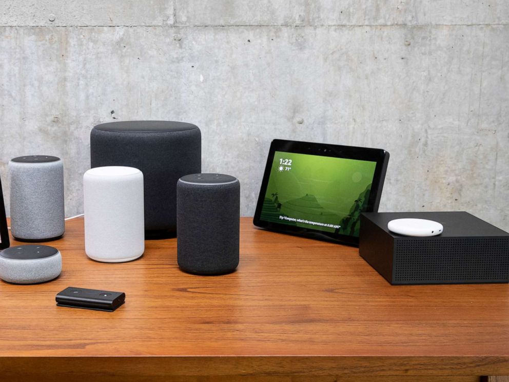 PHOTO: In this Sept. 20, 2018, file photo, an assortment of devices, including an Echo Input, Echo Show, Echo Plus, Echo Sub, Echo Auto and Firetv Recast are pictured at Amazon Headquarters, following a launch event in Seattle.