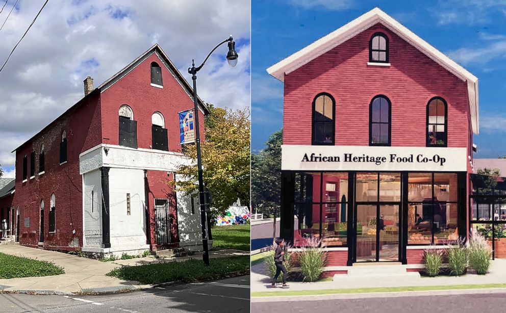 PHOTO: The African Heritage Food Co-op is working to turn this abandoned building on Buffalo's east side into their flagship store seen in an artist rendition (right).