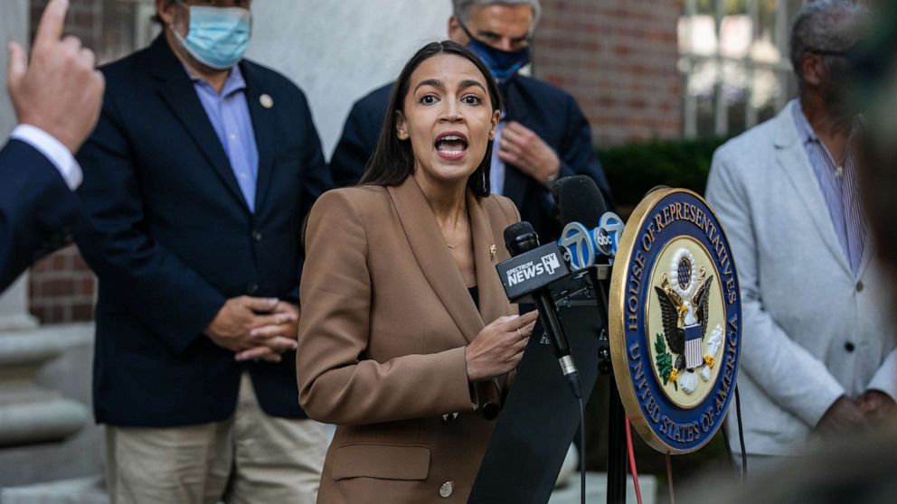 PHOTO: In this Aug. 18, 2020, file photo, Rep. Alexandria Ocasio-Cortez speaks during a news conference outside a U.S. Postal Service post office in New York.