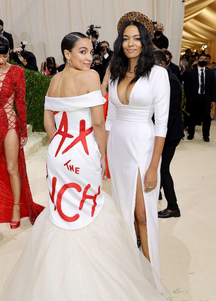 PHOTO: Congresswoman Alexandria Ocasio-Cortez and designer Aurora James attend The 2021 Met Gala Celebrating In America: A Lexicon Of Fashion at Metropolitan Museum of Art on Sept. 13, 2021, in New York.