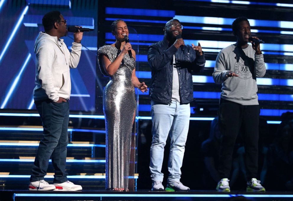 PHOTO: Nathan Morris, Wanya Morris and Shawn Stockman of Boyz II Men sing a tribute with Alicia Keys in honor of the late Kobe Bryant at the 62nd annual Grammy Awards on Sunday, Jan. 26, 2020, in Los Angeles.