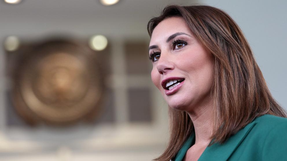 PHOTO: Alina Habba, newly appointed interim U.S. Attorney for District of New Jersey, speaks to reporters outside the White House on Mar. 24, 2025, in Washington.