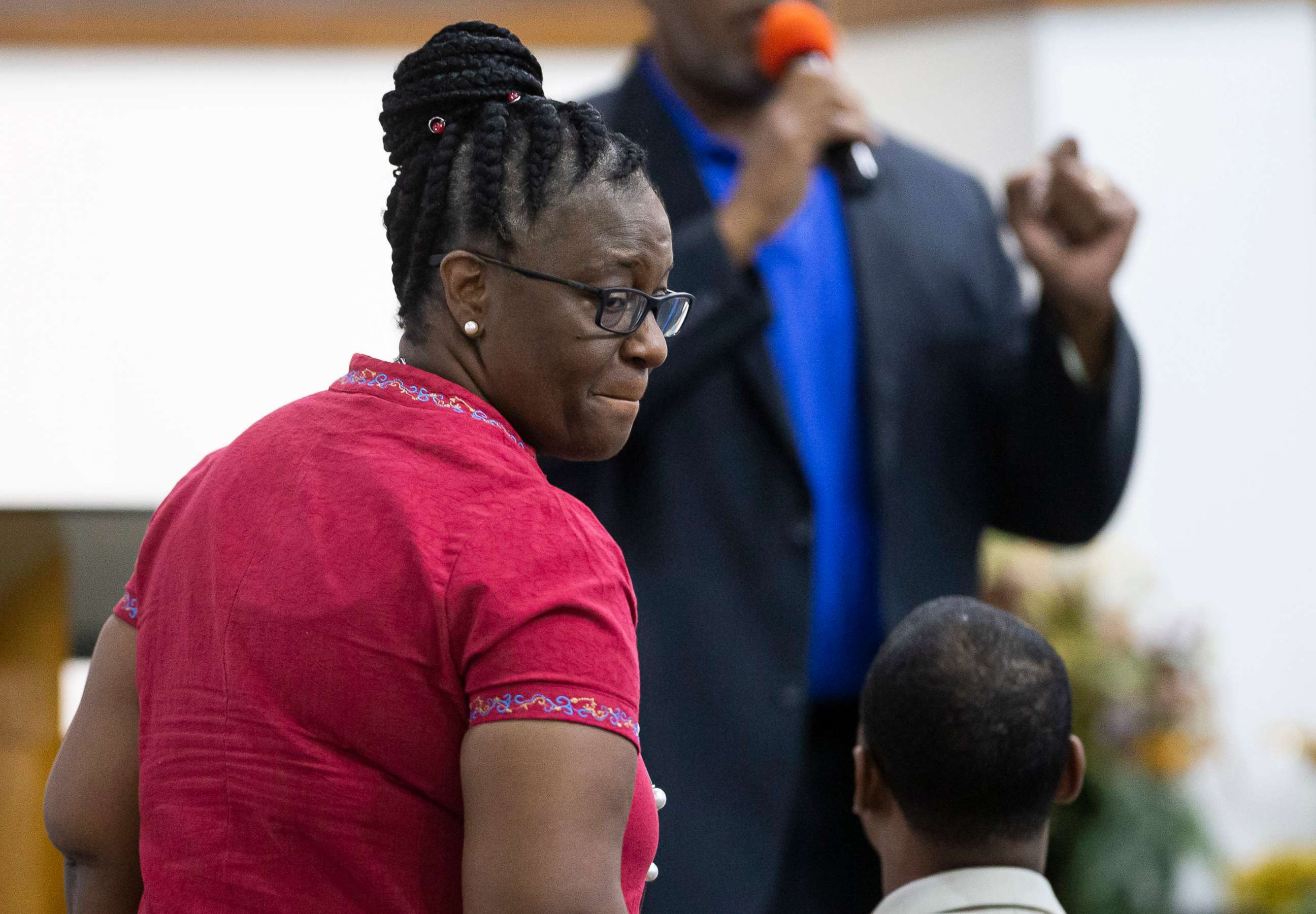 PHOTO: Allison Jean, mother of victim Botham Jean, attends evening services devoted to her family at Dallas West Church of Christ, Oct. 2, 2019, in Dallas.