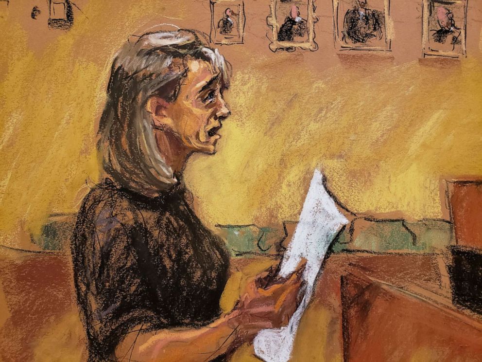 PHOTO: Actor Allison Mack weeps while apologizing to victims in the United States Federal Courthouse after being sentenced for her part in NXIVM cult, in Brooklyn, New York, June 30, 2021, in this courtroom sketch.
