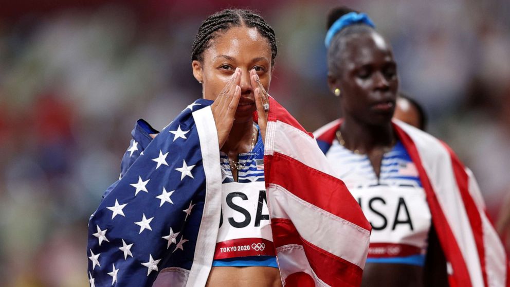 PHOTO: Allyson Felix of Team United States reacts after winning the gold medal in the women's 4-x-400 meter relay final on day 15 of the Tokyo 2020 Olympic Games at Olympic Stadium on Aug. 7, 2021 in Tokyo.
