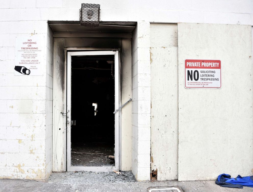 PHOTO: Soot darkens the backdoor of a three-story apartment complex, Dec. 21, 2019 in Las Vegas.