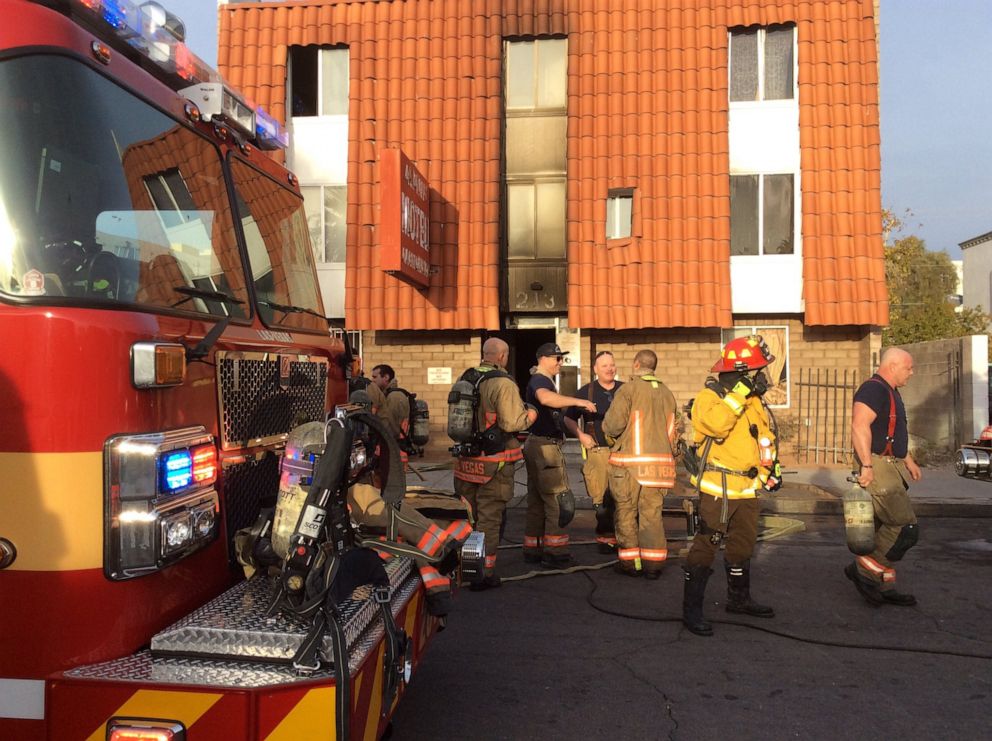 PHOTO: Las Vegas Fire Department firefighters work the scene of a fire at a three-story apartment complex on Dec. 21, 2019 in Las Vegas.