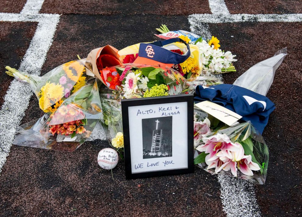 PHOTO: A makeshift memorial lies on home plate at the Orange Coast College baseball field in Costa Mesa, Calif., Jan. 26, 2020, for Orange Coast College baseball Coach Altobelli, his wife Keri and daughter Alyssa who were killed in the helicopter crash.