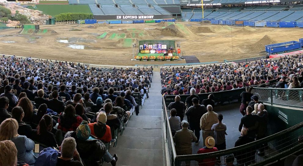 PHOTO: Buck Taylor speaks at a memorial service honoring baseball coach John Altobelli, his wife, Keri, and their daughter Alyssa at Angel Stadium of Anaheim, Calif., Feb. 10, 2020.