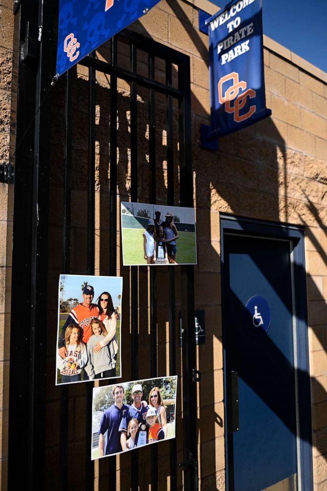 PHOTO: Pictures of the Altobelli family are shown at the entrance of the Orange Coast College baseball stadium prior to a ceremony held in Costa Mesa, Calif., Jan. 28, 2020.