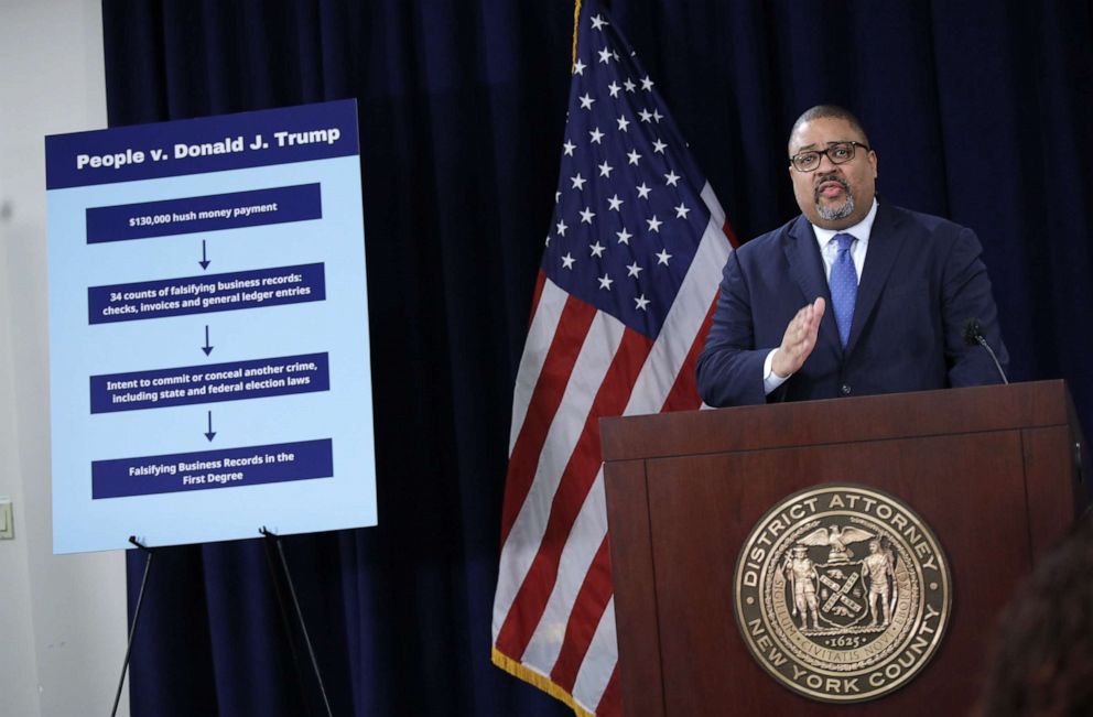 PHOTO: Manhattan District Attorney Alvin Bragg speaks during a press conference, Apr. 4, 2023 in New York City.