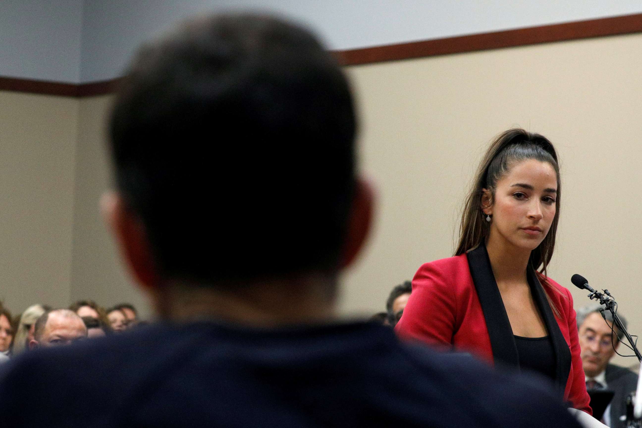 PHOTO: Victim and former gymnast Aly Raisman speaks at the sentencing hearing for Larry Nassar, a former team USA Gymnastics doctor who pleaded guilty in November 2017 to sexual assault charges, in Lansing, Mich., Jan. 19, 2018. 