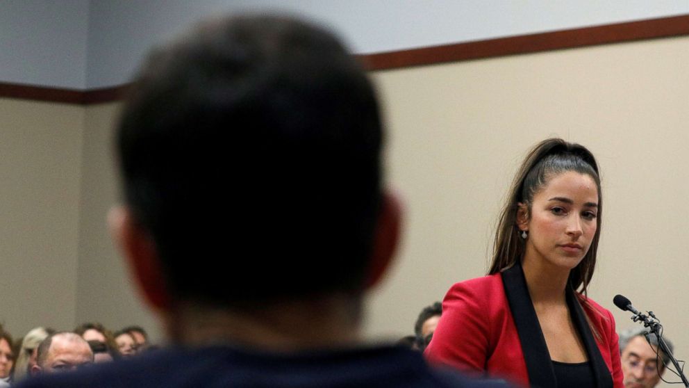 PHOTO: Victim and former gymnast Aly Raisman speaks at the sentencing hearing for Larry Nassar, a former team USA Gymnastics doctor who pleaded guilty in November 2017 to sexual assault charges, in Lansing, Mich., Jan. 19, 2018. 