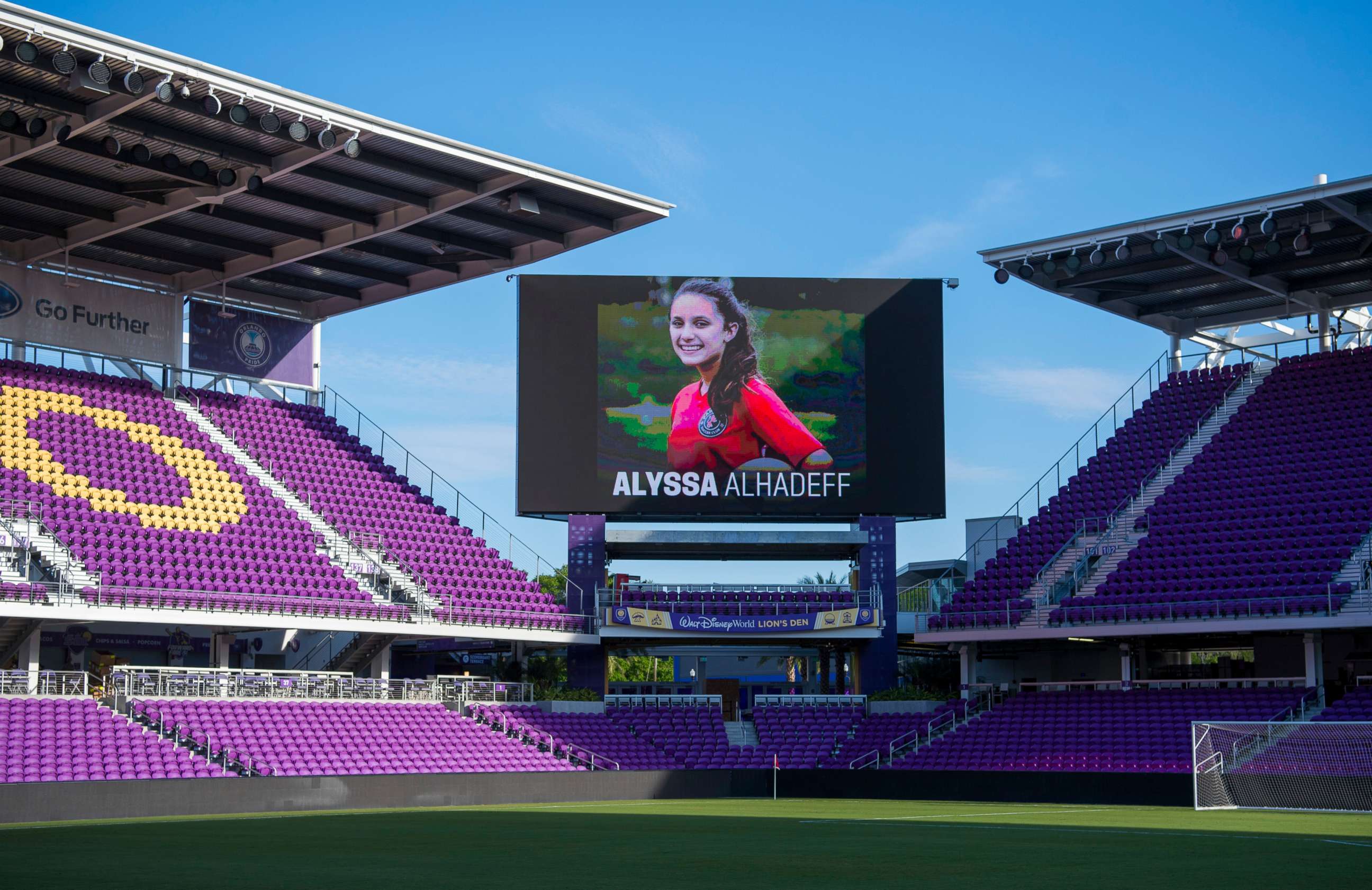 PHOTO: A photograph of Alyssa Alhadeff appears on the jumbotron at the US Women's National Team Training at Orlando City Stadium, March 6, 2018. 