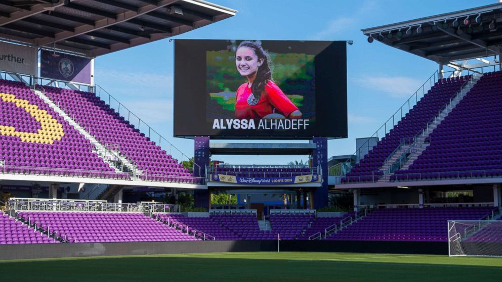 PHOTO: A photograph of Alyssa Alhadeff appears on the jumbotron at the US Women's National Team Training at Orlando City Stadium, March 6, 2018. 