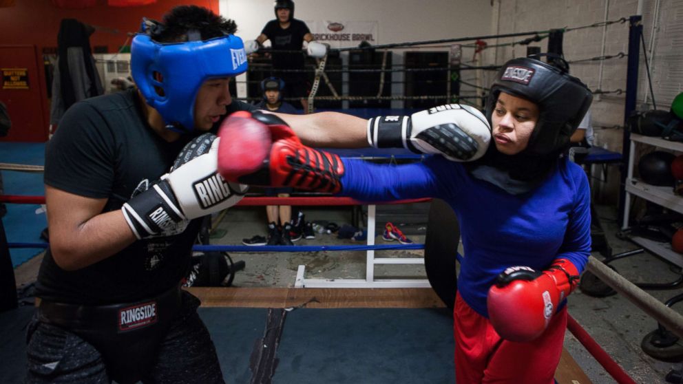 PHOTO: Amaiya Zafar spars another boxer at Circle of Discipline gym in Minneapolis. 