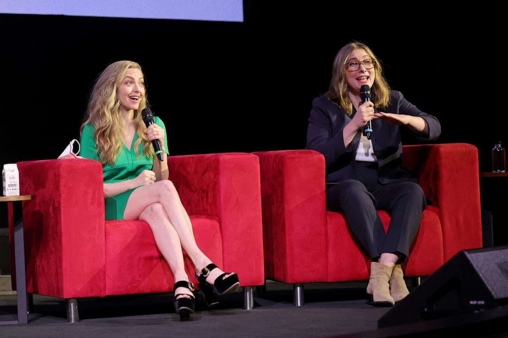 PHOTO: In this April 11, 2022, file photo, Amanda Seyfried and Elizabeth Meriwether speak onstage during the panel for the Los Angeles Finale Event for Hulu's "The Dropout" at the Paramount Theatre in Los Angeles.