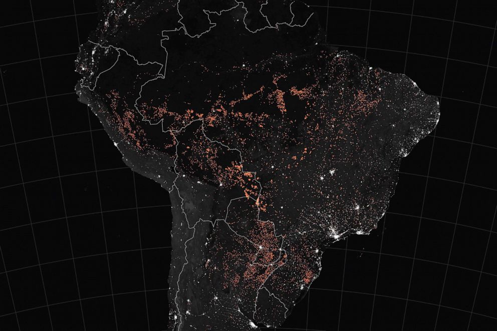 PHOTO:This handout NASA Earth Observatory map shows active fire detections in South America (including Brazil, Bolivia, Peru, Paraguay, Ecuador, Uruguay, northern Argentina and northwestern Colombia), between August 15-22, 2019.